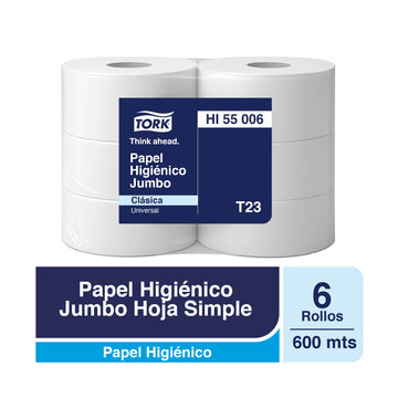 Papel Higiénico Jumbo Tork - 6 Rollos De 600 Metros c/u por Paquete