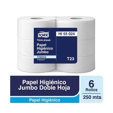 Papel Higiénico Jumbo Tork Doble Hoja - 6 Rollos De 250 Metros c/u por Paquete