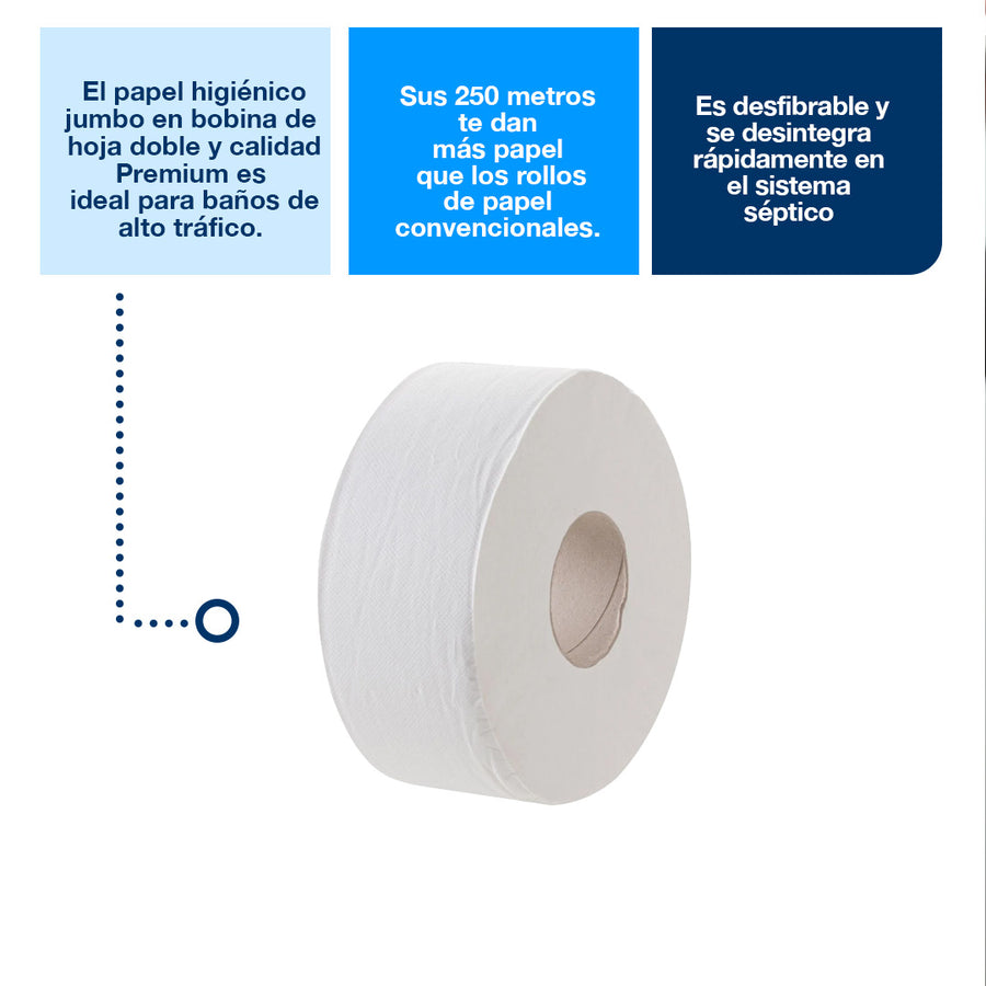 Papel Higiénico Jumbo Tork Doble Hoja - 6 Rollos De 250 Metros c/u por Paquete