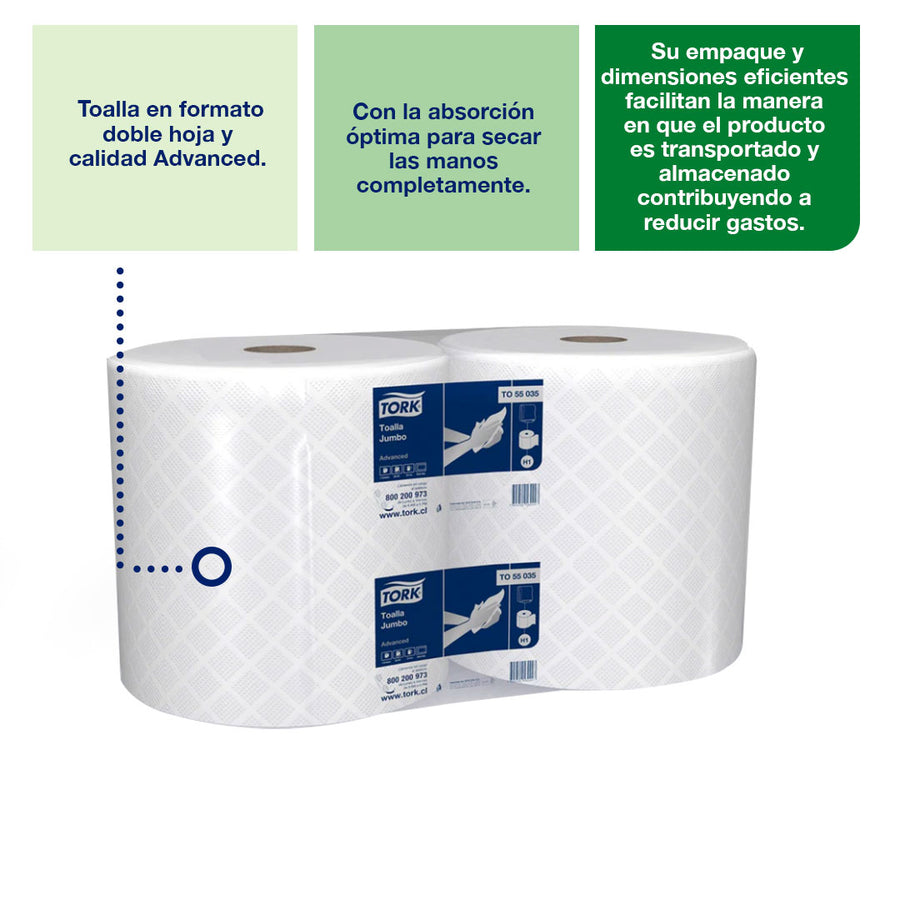 Toalla en Rollo Jumbo Tork Doble Hoja - 2 Rollos de 200 Metros c/u